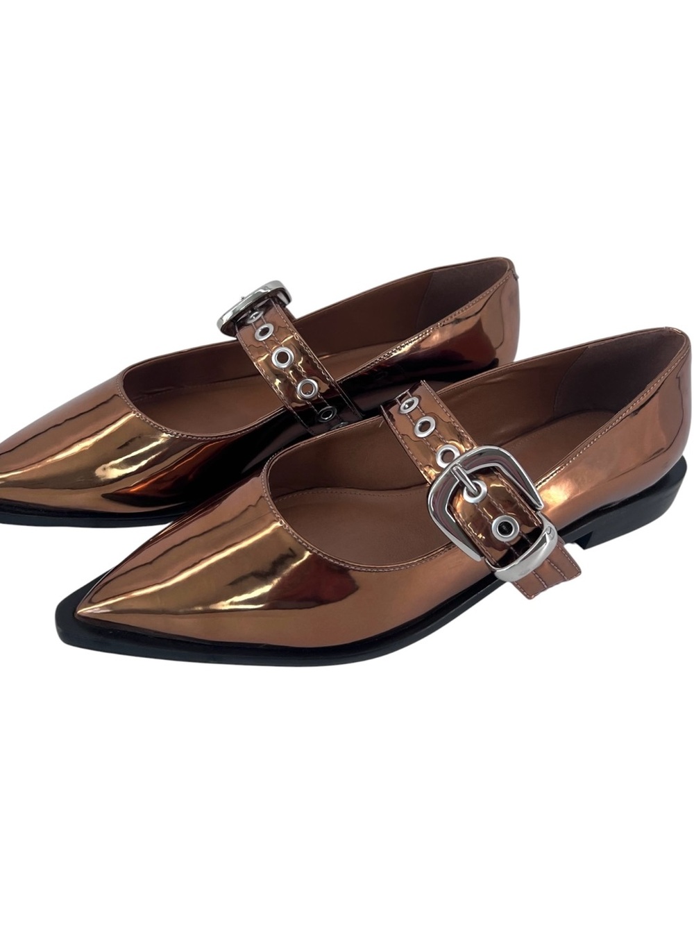 Anthropologie Maeve Pointed-Toe Moto Mary Jane Flats Sz 41 US 10 Bronze Metallic